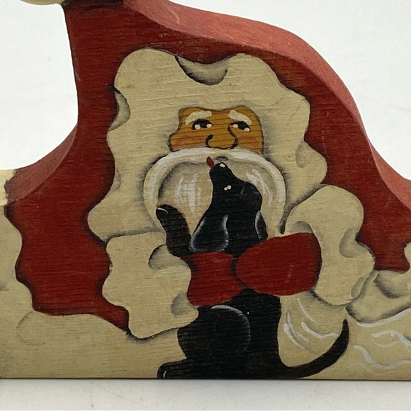 Vintage Christmas Shelf Plaque Santa Holding Dog Wooden Painted Rustic Farmhouse - Picture 2 of 10